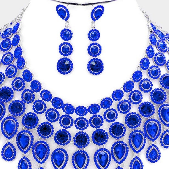Elegant Sapphire Blue Crystal Choker Necklace Set Waterfall Statement Jewelry - Picture 2 of 2